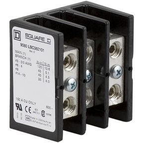 Schneider Electric Power Distribution Block; 150A; 600VAC; 3-Pole; Box Terminals; 1/1 Line/Load Terminal Openings; Panel Mount